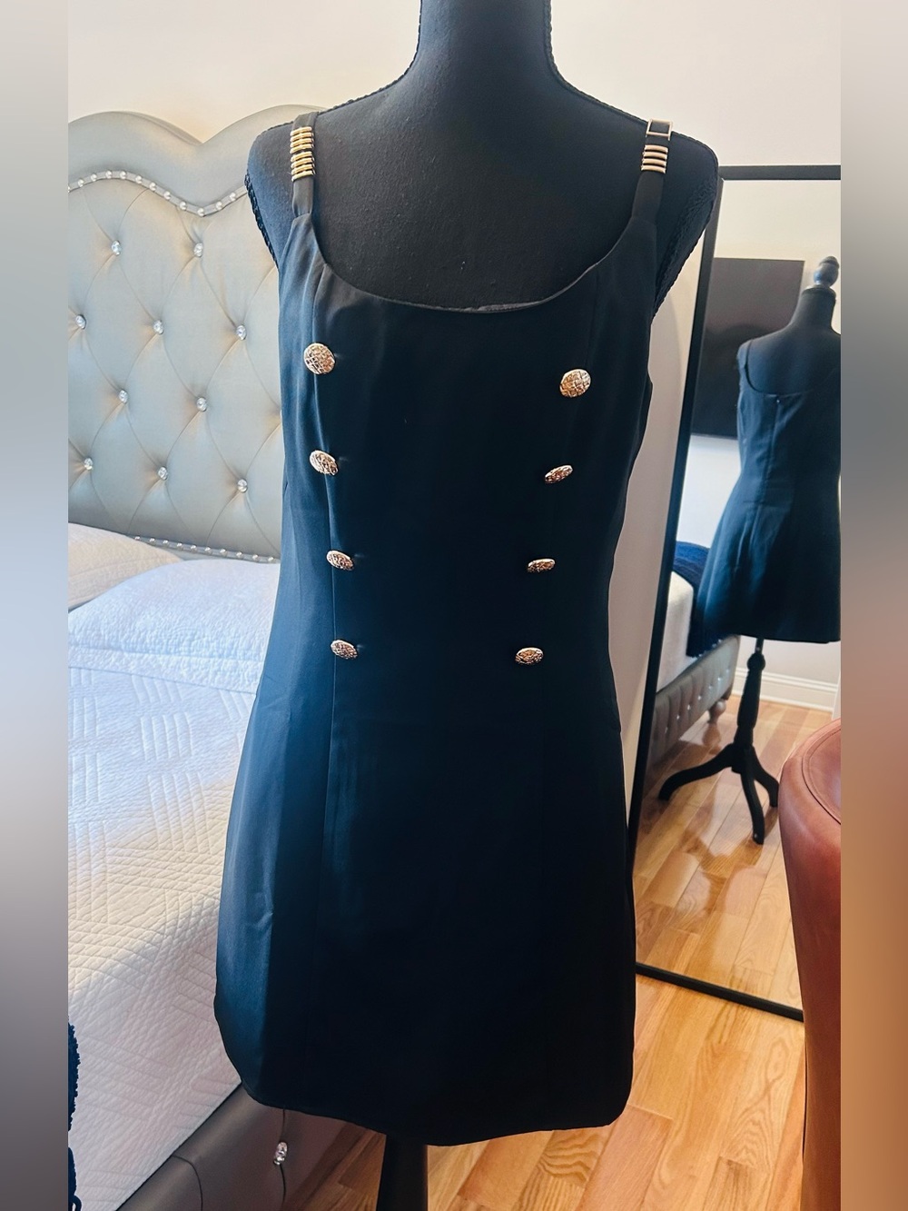 Commense Black Mini Dress with Gold Buttons